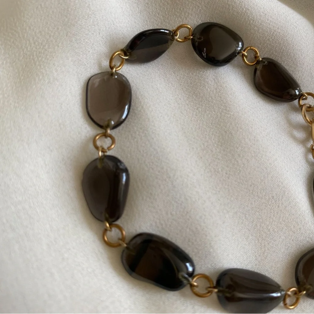 Vintage Smoky Brown Quartz Glass Bead Bracelet – Gold Chain Link
